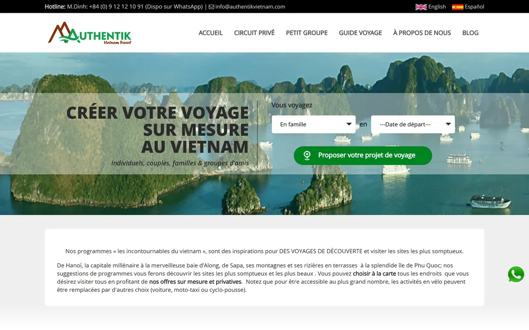 Capture de la page des circuits d'Authentik Vietnam