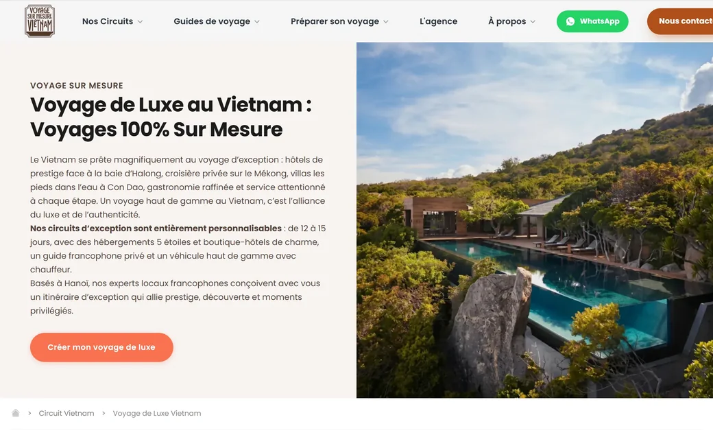 Capture de la page luxe du site de Voyage sur Mesure Vietnam